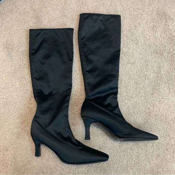 NINA Black satin finish soft stretch heeled boots Sz 8.5 - Picture 2 of 8